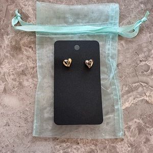 Natural Metal Earrings - Gold- Heart Shape With Small Rhinestones